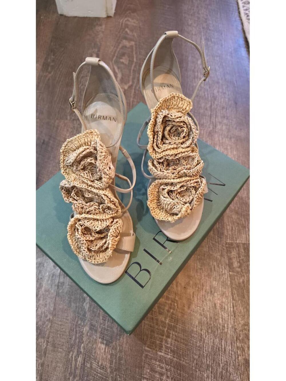 Birman Cream Beige Floral Applique Ankle Strap High Heel Sandals EU 40